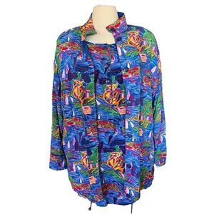 Vtg Ken Done Art to Wear Boating Button Down Long Sleeve Shirt 2 Piece Size M